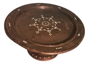 Antique Balinese Offering Tray Teakwood Mother of Pearl Inlay Round Pedestal