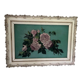 Antique Hand-Painted on Glass Pink Roses-Ornate Gesso Frame For Sale