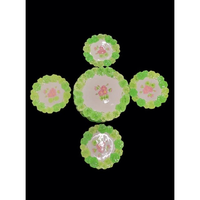 Vintage Portuguese Majolica Geranium Palm Beach Style Dinner Plates Green Leaf & Pink Floral Cabbage Ware Set- 10 For Sale - Image 12 of 16