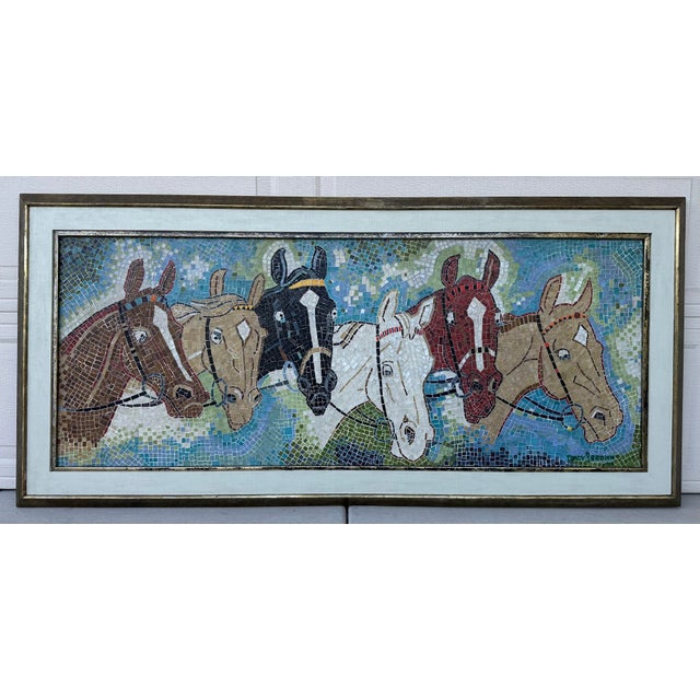 Rare Tracy S Brown 1958 Mid Century Mosaic Ceramic Tile Horses Wall Art Panel Framed For Sale - Image 4 of 12