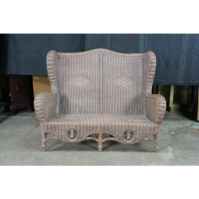 Late 20th Century Victorian Revival Large Woven Wicker Wingback Settee Lounge Bench Loveseat For Sale - Image 4 of 18