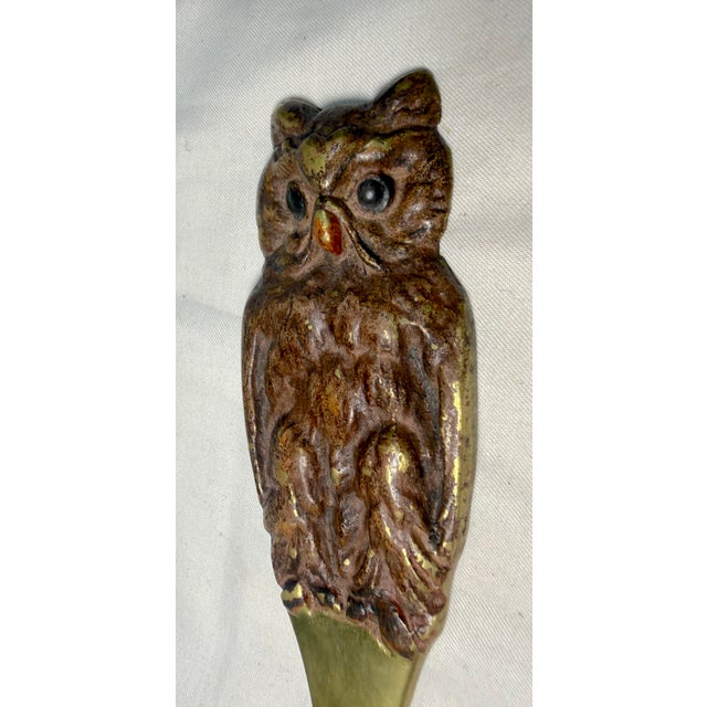 Metal Quality Antique Cold Painted Heavy Brass Figural Owl Desk Article Letter Opener For Sale - Image 7 of 8