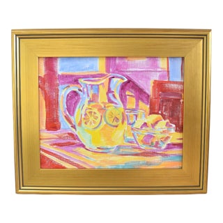 Impressionist Pitcher Lemonade Painting Including the Anituqed Gold Wood Frame For Sale