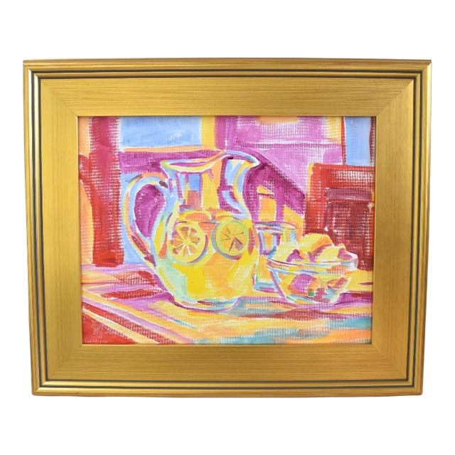 Impressionist Pitcher Lemonade Painting Including the Anituqed Gold Wood Frame For Sale