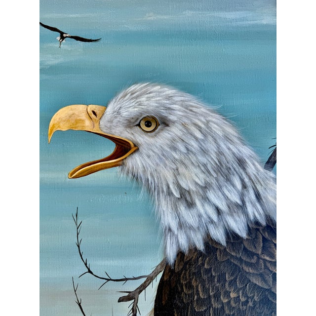Baby Blue American Bald Eagle Framed Animal Art, Oil on Canvas Lynn Chase Signed 1980 For Sale - Image 8 of 15