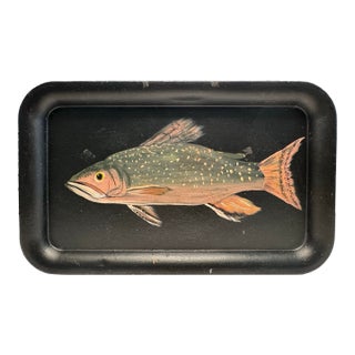 Vintage Rustic Adirondack Hand Painted Trout Fish Metal Tray For Sale