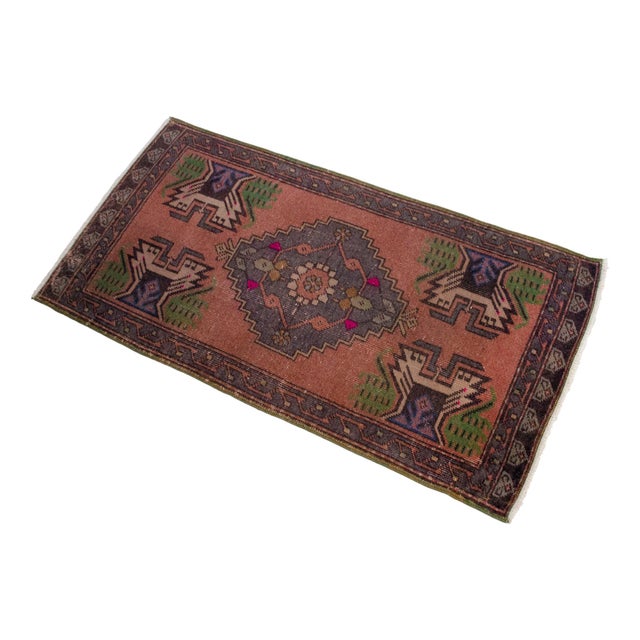 Distressed Low Pile Turkish Yastik Petite Rug Hand Knotted Faded Mat - 21'' X 42'' For Sale - Image 6 of 13