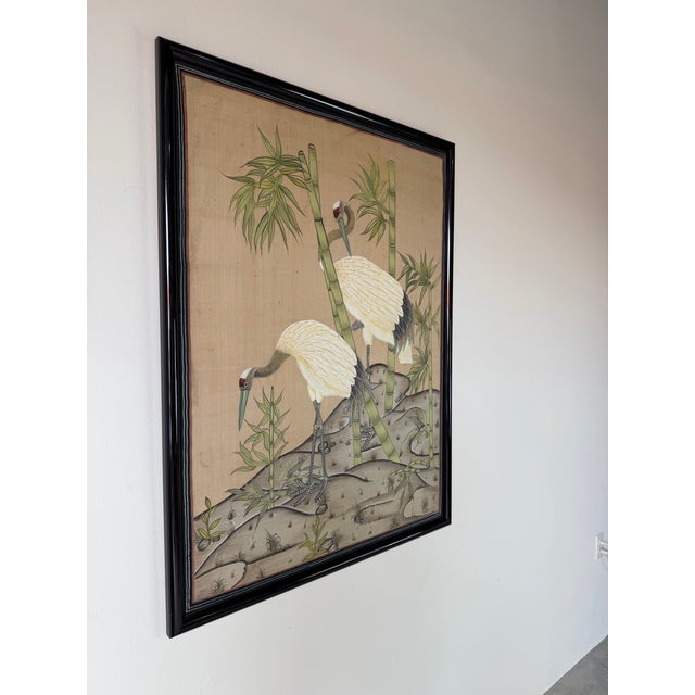 Japanese Vintage Japanese Red-Crowned Cranes in Bamboo Garden Tropical Landscape Art Painted Silk Scroll For Sale - Image 3 of 12