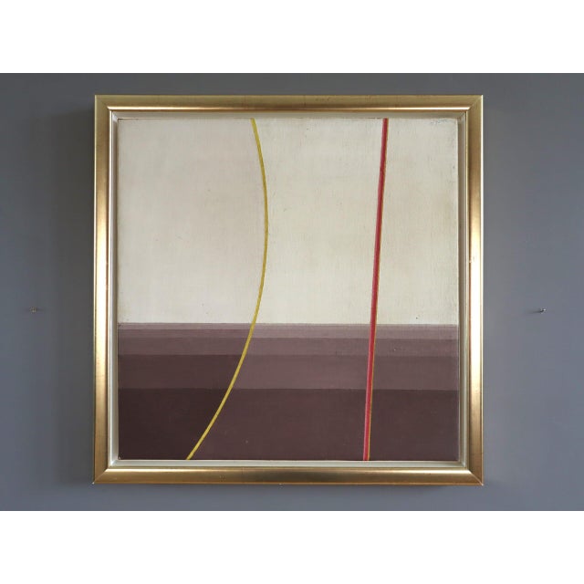 CLOCKS & CHIMES Size: 18.3 x 18.3 inches (including frame) Oil on canvas A quietly meditative 20th century abstraction...