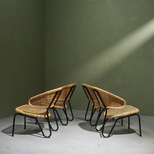 Modern Rattan Lounge Chairs with Black Tubular Steel Frames by Dirk van Sliedregt for Gebroeders Jonkers, Netherlands, 1960s, Set of 4 For Sale - Image 3 of 10