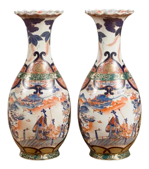 Chinese Arita Style Palace Vases with Blue, Orange, Green and Gold Decor - A Pair