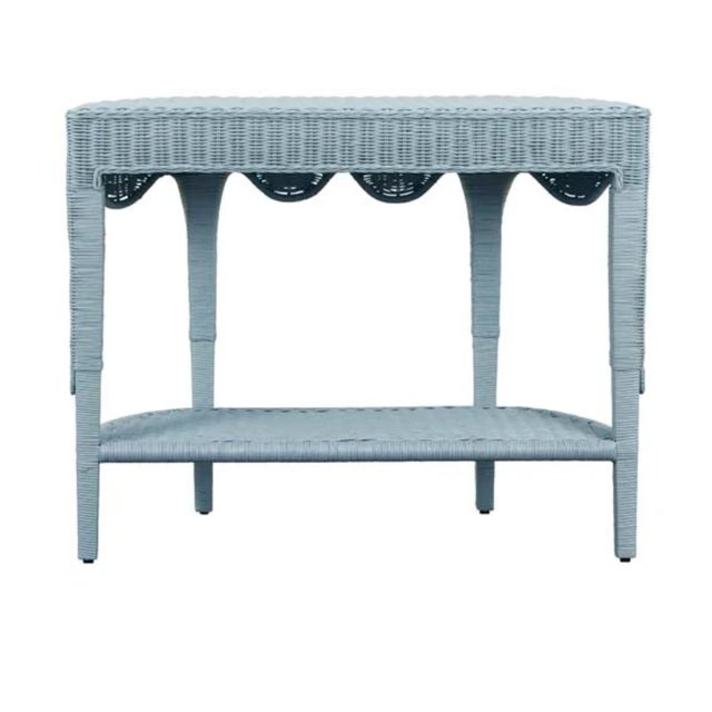 Wood Matthew Izzo Home Paloma Light Blue Rattan Demi Luna Console Table For Sale - Image 7 of 9