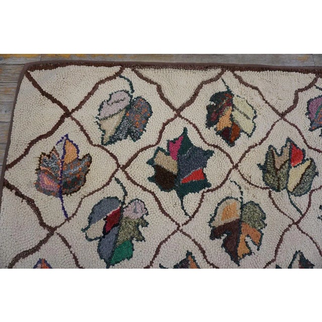 Textile 1920s Tan Beige Symmetrical Floral Folk Art Antique American Hooked Rug For Sale - Image 7 of 11