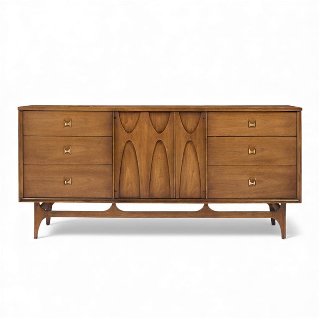 Broyhill Brasilia Mid Century Walnut and Brass Lowboy Dresser This lowboy measures: 66 wide x 19 deep x 31 inches high...
