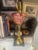 Metal Antique Pink Cranberry Etched Glass Oil Lamp Converted to Electricity For Sale - Image 7 of 11