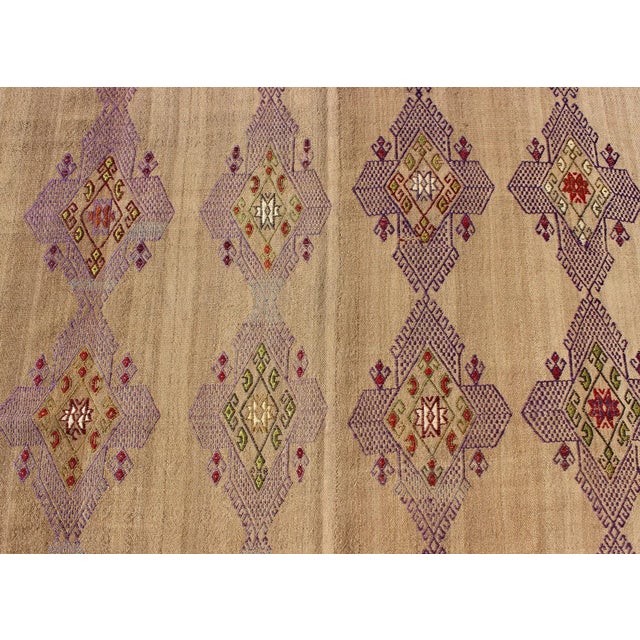 Tan Kilim Rug With Embroidered Purple Diamonds and Star Border For Sale - Image 8 of 13