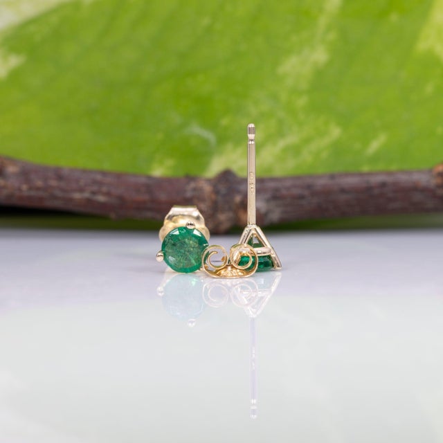 Zambian Emerald Martini Solitaire Stud Earrings in Solid 14k Gold, Round 4mm, Pair For Sale In Columbus - Image 6 of 7