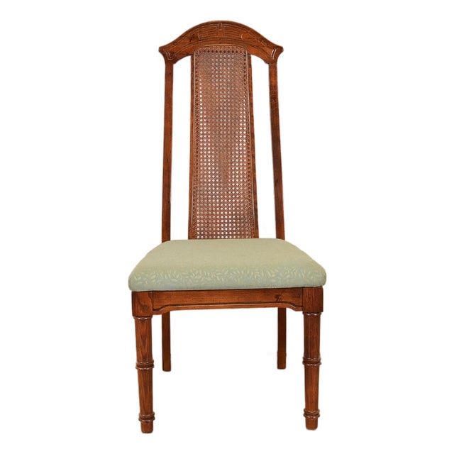 Henredon Style Mid-Century Hollywood Regency Carved Oak and Cane Bamboo Form High Back Side Chair or Dining Chair, Circa 1970s For Sale