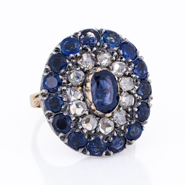 Late 19th Century Victorian Sapphire and Diamond Double Halo Ring Circa 1880's Ring Size 5 For Sale - Image 5 of 7