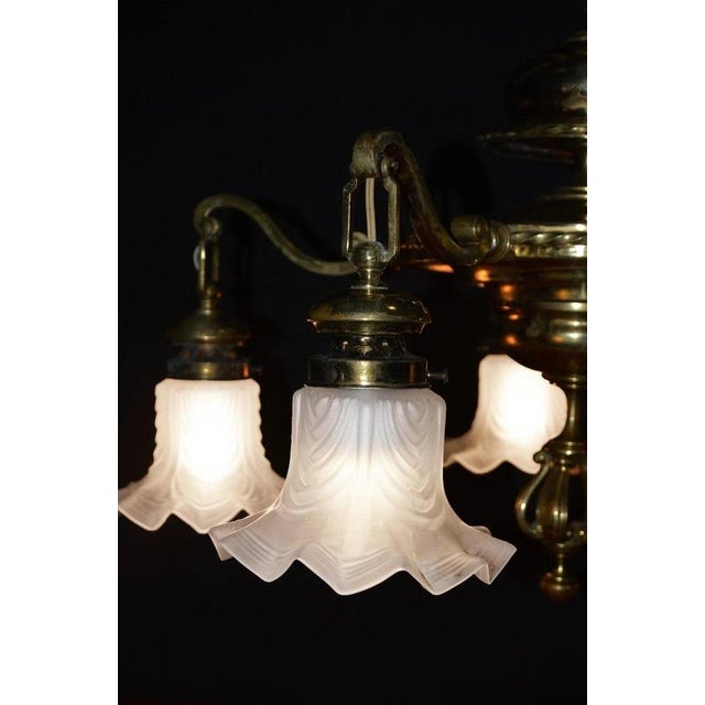 Art Deco French Brass Five-Light Chandelier with Opaline Glass Shades, 1920s For Sale - Image 12 of 18
