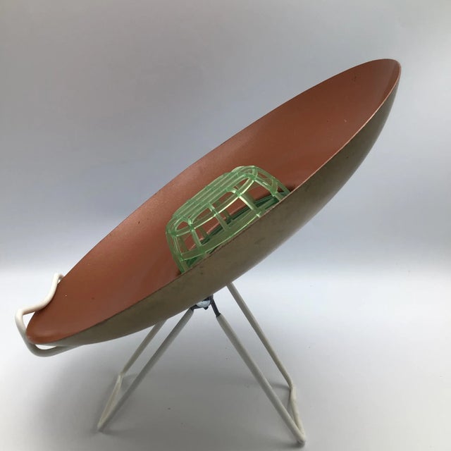 Very Mid-Century Modern brown copper paint over metal Ikebana vase with a twist turn locking plastic frog insert. The...