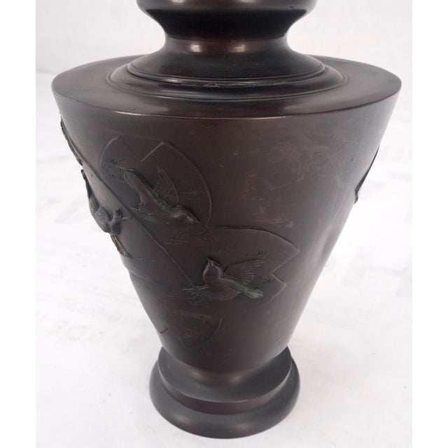 Asian Early 20th Century Large Brass or Bronze Asian Two Handles Vase Urn Birds Motif Reliefs Clean! For Sale - Image 3 of 12