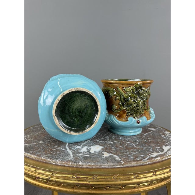 19th Century Mascaron-Decorated Earthenware Cachepots, Set of 2 For Sale - Image 10 of 11
