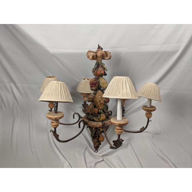 Vintage Italianate Polychrome Carved Wood Fruit & Iron 6-Light Chandelier For Sale - Image 14 of 15