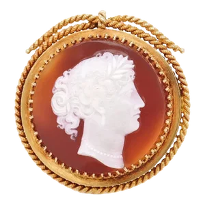 Vintage Antique Victorian Carved Hardstone Agate & 18k Gold Cameo Brooch of a Young Lady