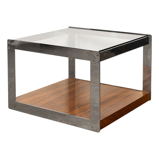 Vintage English Chrome, Glass and Wood End Table from Merrow Associates, 1960s For Sale