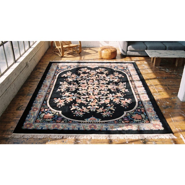 Black 1920s Black Floral Medallion Antique Chinese Art Deco Rug 9' X 12' Handknotted Wool Carpet For Sale - Image 8 of 9