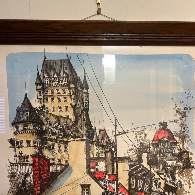 1970s Mid-Century Modern Hand-Tinted Lithograph of Old Quebec by Nikola-Château Frontenac View 22x 14 Original Oak Frame For Sale - Image 4 of 12