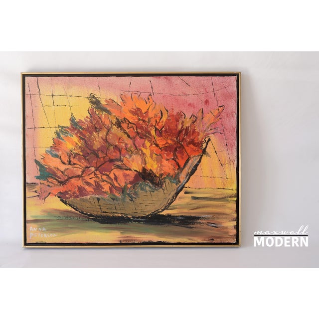 Gorgeous colorful mid century era still life painting from Anna Peterson featuring a bowl of flowers and leaves. Vibrant...