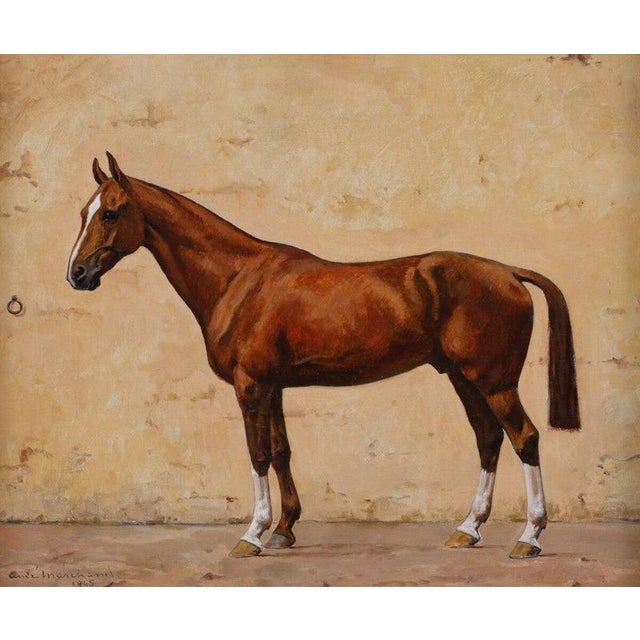 A striking French equestrian painting by André Marchand (1877–1951) depicting a chestnut racehorse, painted in oil on...