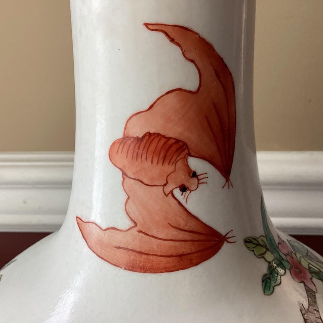 Chinese VTG Chinese Famille-Rose Peach & Bat Design Porcelain Vase 14" T. For Sale - Image 3 of 10