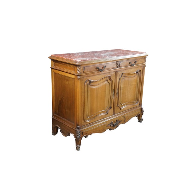 French Provincial Antique Louis XV French Provincial Walnut Rouge Marble Buffet Sideboard Commode For Sale - Image 3 of 18