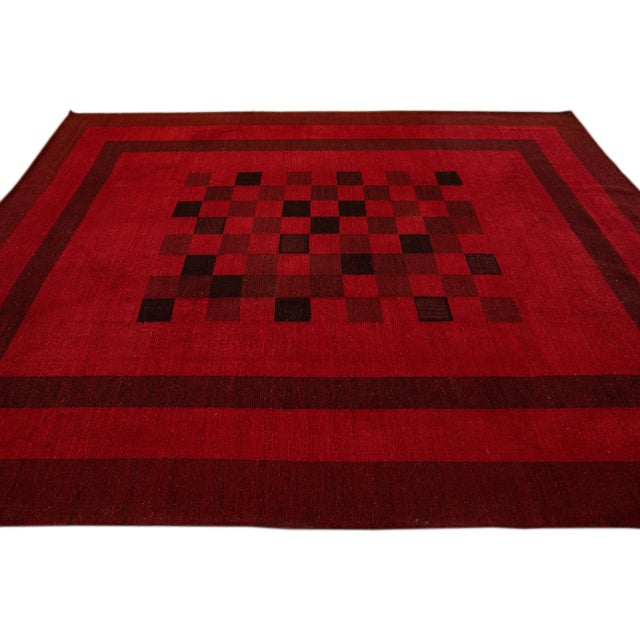 Modern Kilim Flatweave Chess Pattern Red Wool Rug For Sale In New York - Image 6 of 11