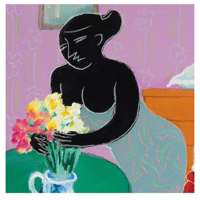 Modern Liang Yifeng, Chinese Taiwanese Modernist Oil Painting Liang Yifeng Woman in Blue Interior For Sale - Image 3 of 12