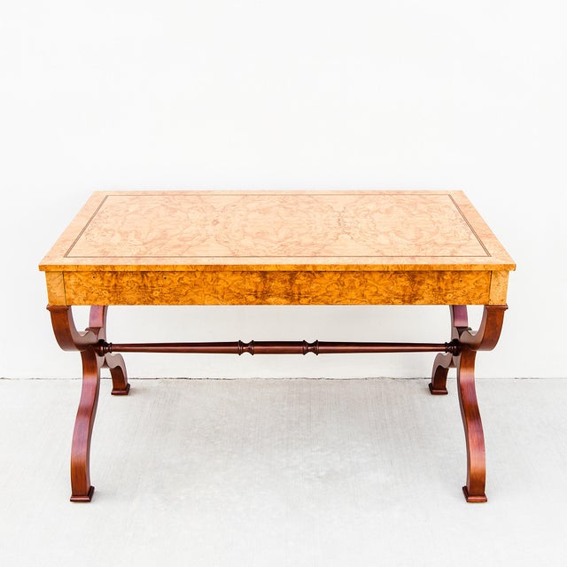 Restored Burl & Brass Vintage Regency Writing Desk by Baker For Sale - Image 14 of 15