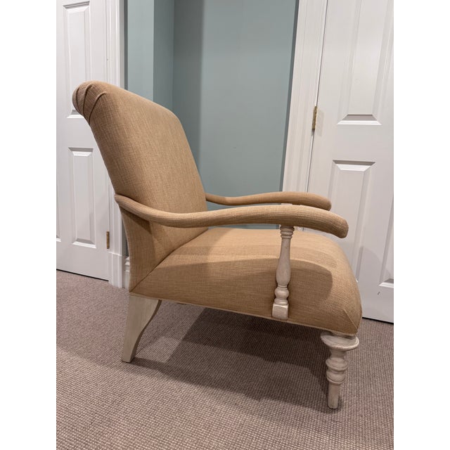 French Country Upholstered Accent Chair With Turned Wood Legs For Sale - Image 3 of 14