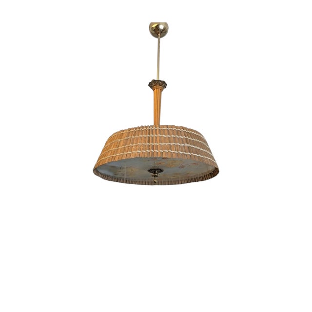 Finnish Model 20317 Pendant Lamp with Wooden Slat Shade and Hand-Painted Kauklahti Glass.idman by Gunnel Nyman for Idman, 1940s For Sale - Image 10 of 16