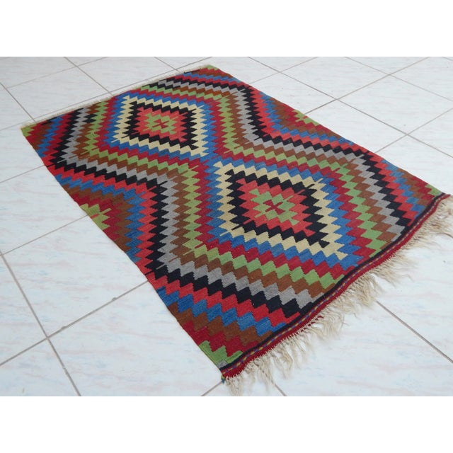 Mid-Century Modern 1960s Turkish Blue Wool Diamond Kilim Rug 2'11" X 4'2" For Sale - Image 3 of 11
