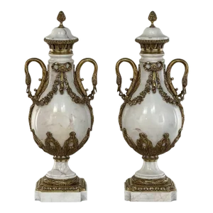 Pair Antique French Empire Cararra Marble and Bronze Cassolettes ~ Mantel Urns