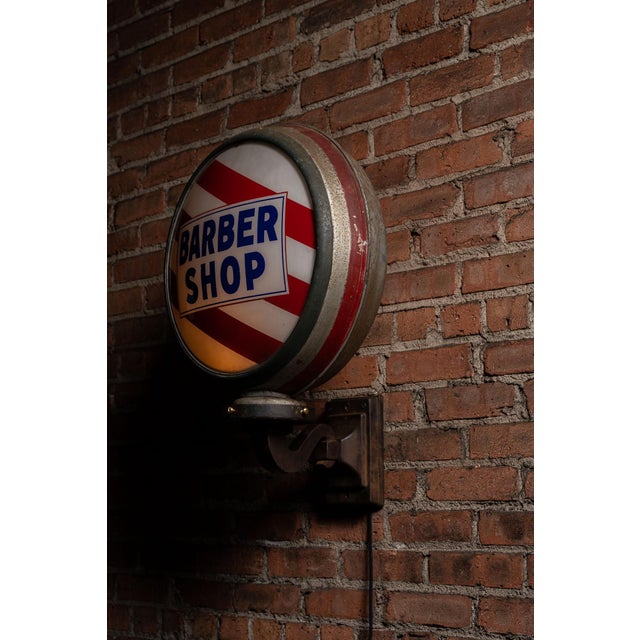 Mid 20th Century Vintage Illuminated Barber Shop Bubble Sign With Red Stripe Glass Face For Sale - Image 5 of 7