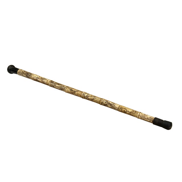 Vintage Chinese Monk Lohon Engraved Motif Bone Color Resin Inset Walking Stick For Sale - Image 4 of 12