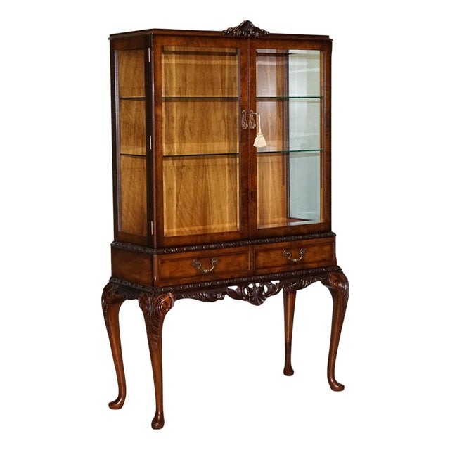 Vintage Carved Queen Anne Style Display Cabinet For Sale