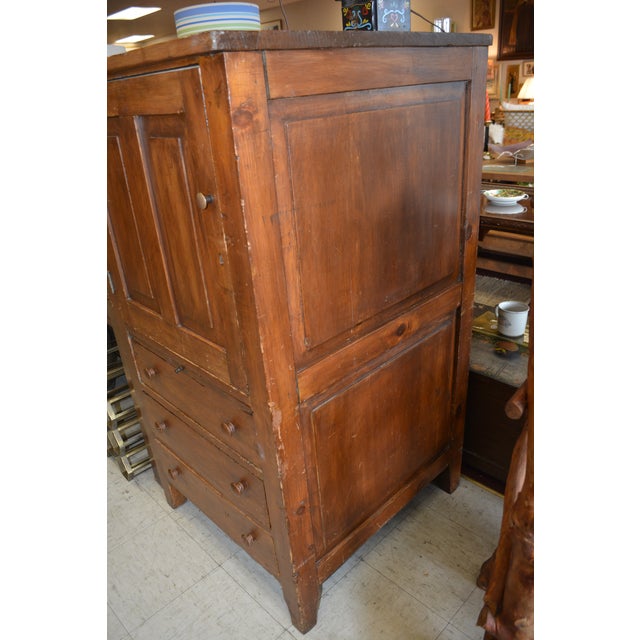 1940s Vintage Rustic Pine Wood Deep Cabinet With Cupboard / Lower Drawers & Slide Out Center Shelf For Sale - Image 6 of 12