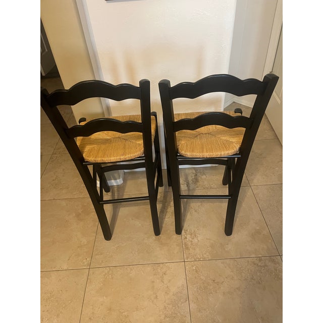 Mid 20th Century Country French Style Black Rush Seat Barstools- A Pair For Sale - Image 9 of 12