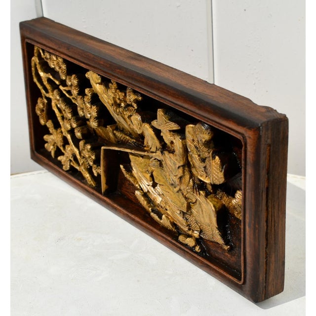 Antique Chinese Carved Teak Fiqural Plaque W/Gold For Sale - Image 11 of 12