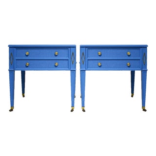 Mid Century Transitional Cane Front End Tables in Blue a Pair - Newly Painted For Sale